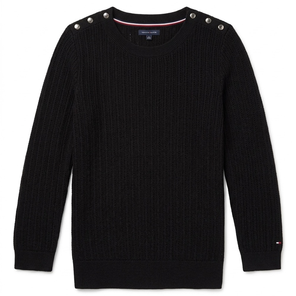 NWT Tommy Hilfiger Black Pointelle Knit Sweater Silver Button Shoulder XS